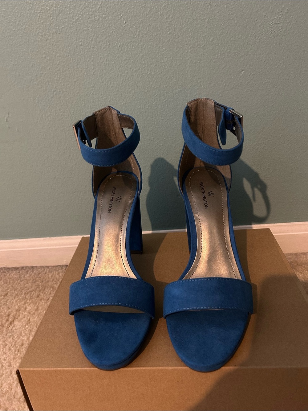 Worthington Blue Suede Ankle-Strap Block Heel Sandals